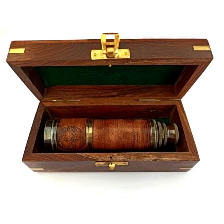 Handcrafted Brass Telescope Wooden Box Leather Grip